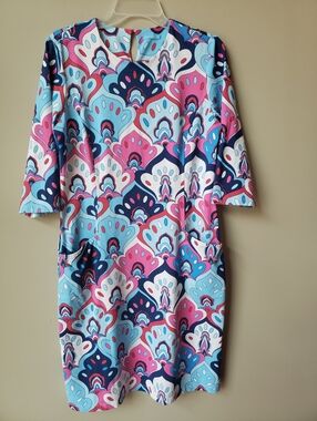 J Mclaughlin Blue/Pink/White Fitted Dress Sz Large